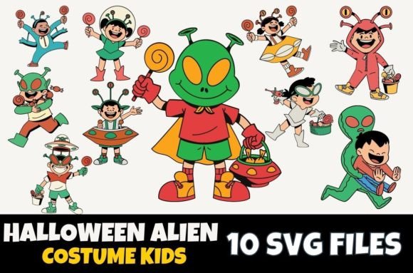 Kids Wearing Alien Costume for Halloween